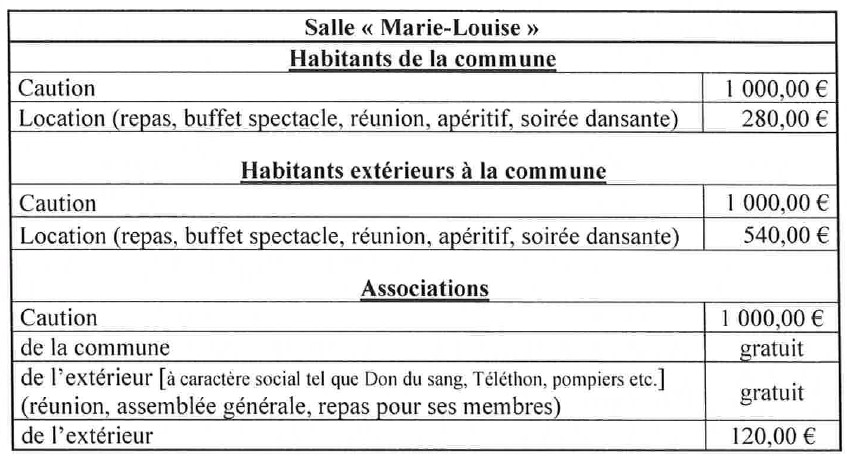 Salle M L Tarifs 2023